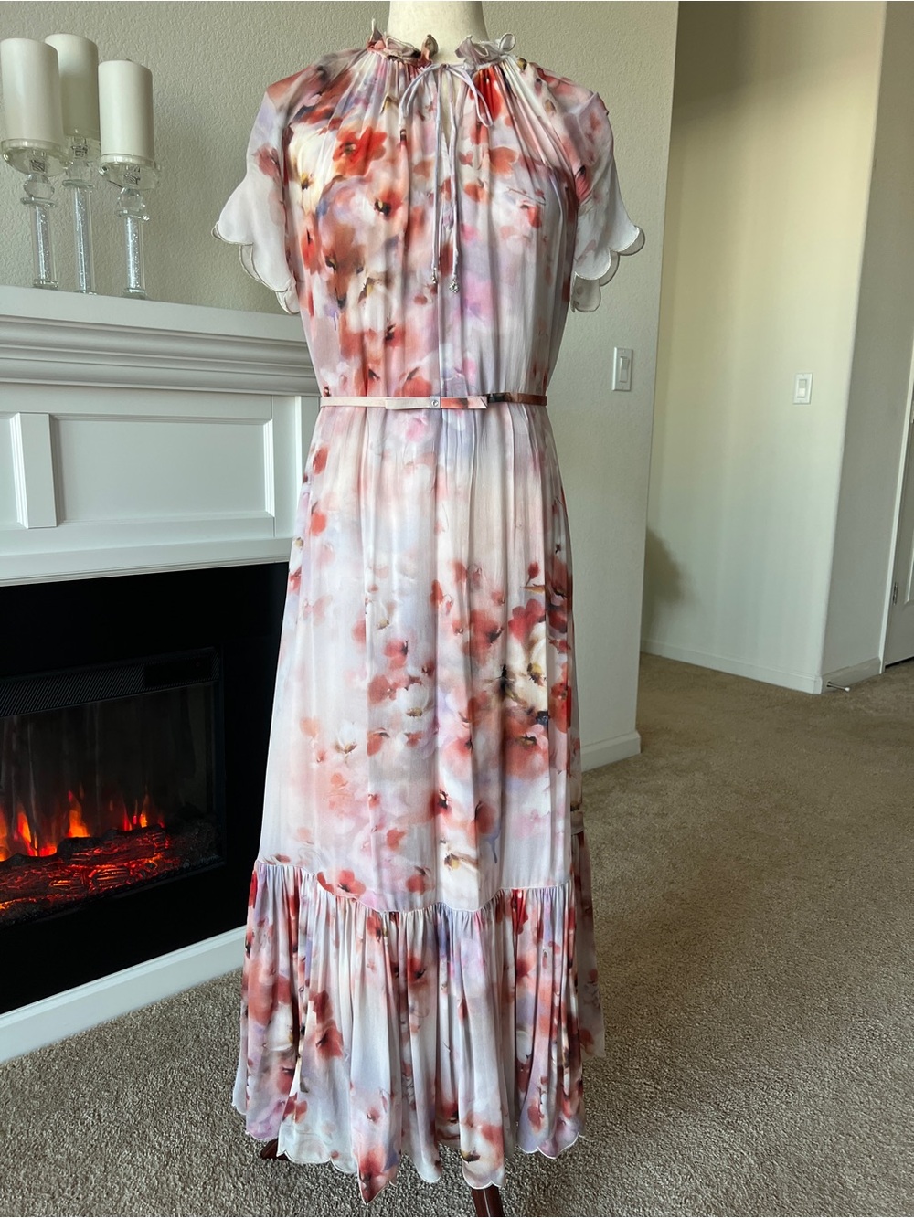 Floral Watercolor Pink Maxi Dress with Ruffle Hem